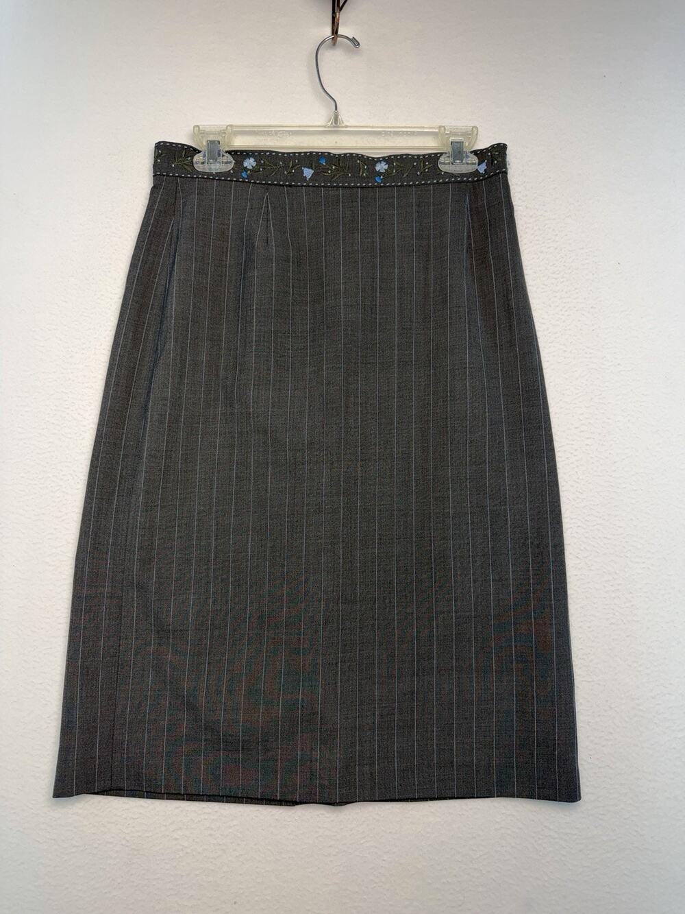 Vintage Women 10 Gray Stripe Midi Pencil Embroider Bead Skirt Tailored Office